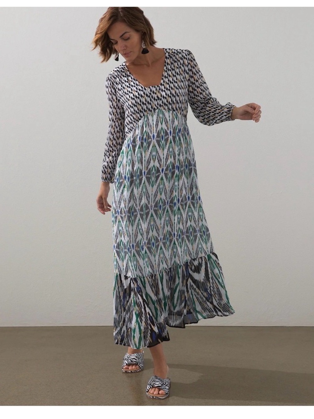 Chicos Mixed-Print V-Neck Maxi Dress in Blue and Green Sz 8